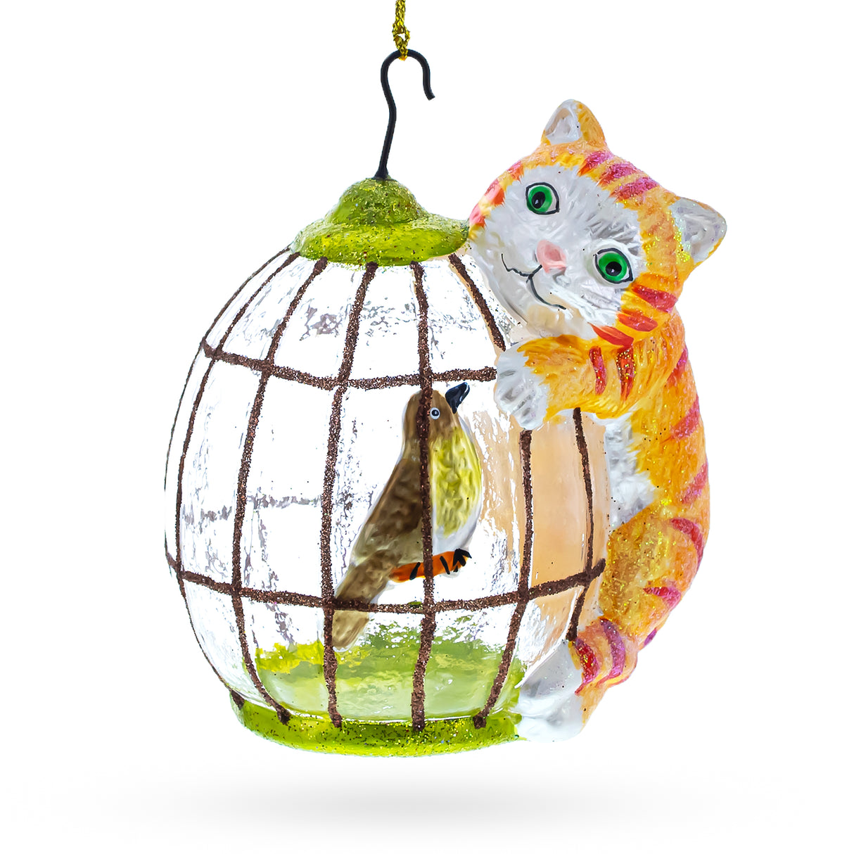 Glass Whimsical Cat Perched on Bird Cage - Unique Blown Glass Christmas Ornament in Multi color
