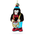 Fluffy Monkey Drumming Glass Christmas Ornament in Brown color Figurine