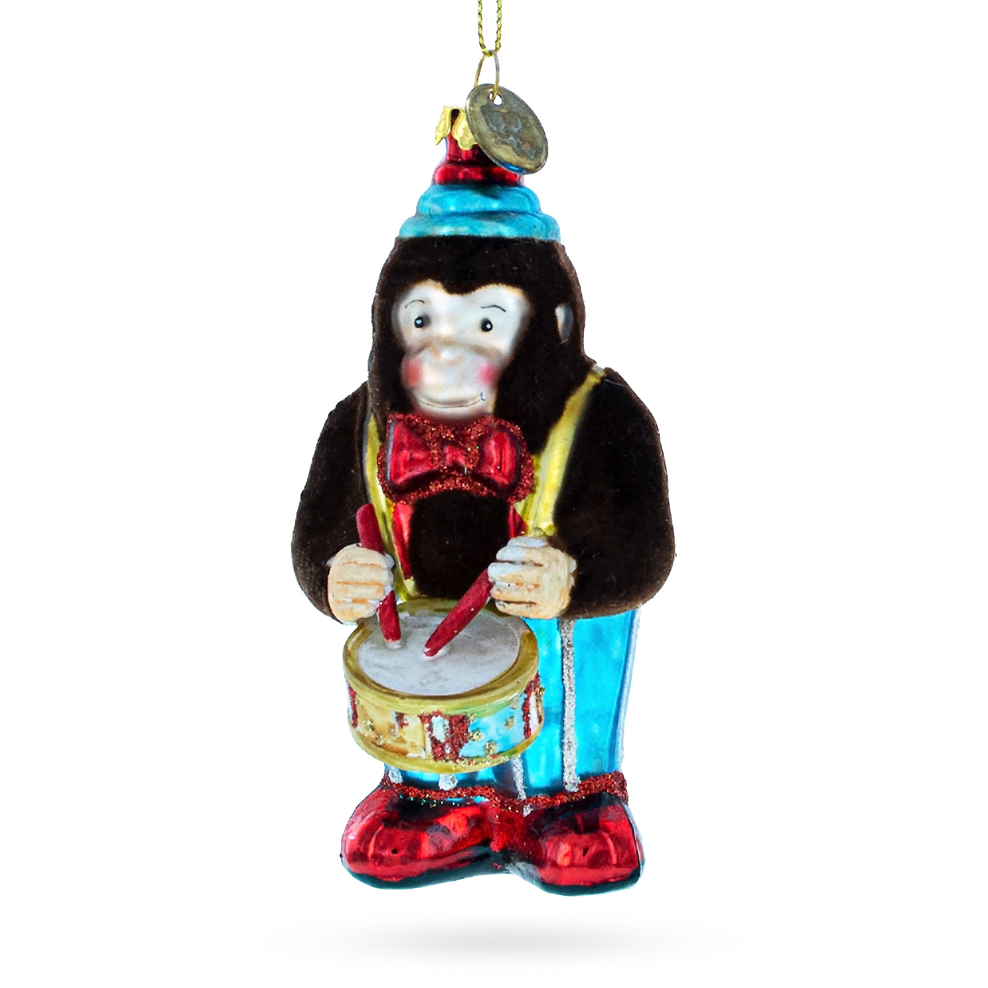Fluffy Monkey Drumming Glass Christmas Ornament in Brown color Figurine