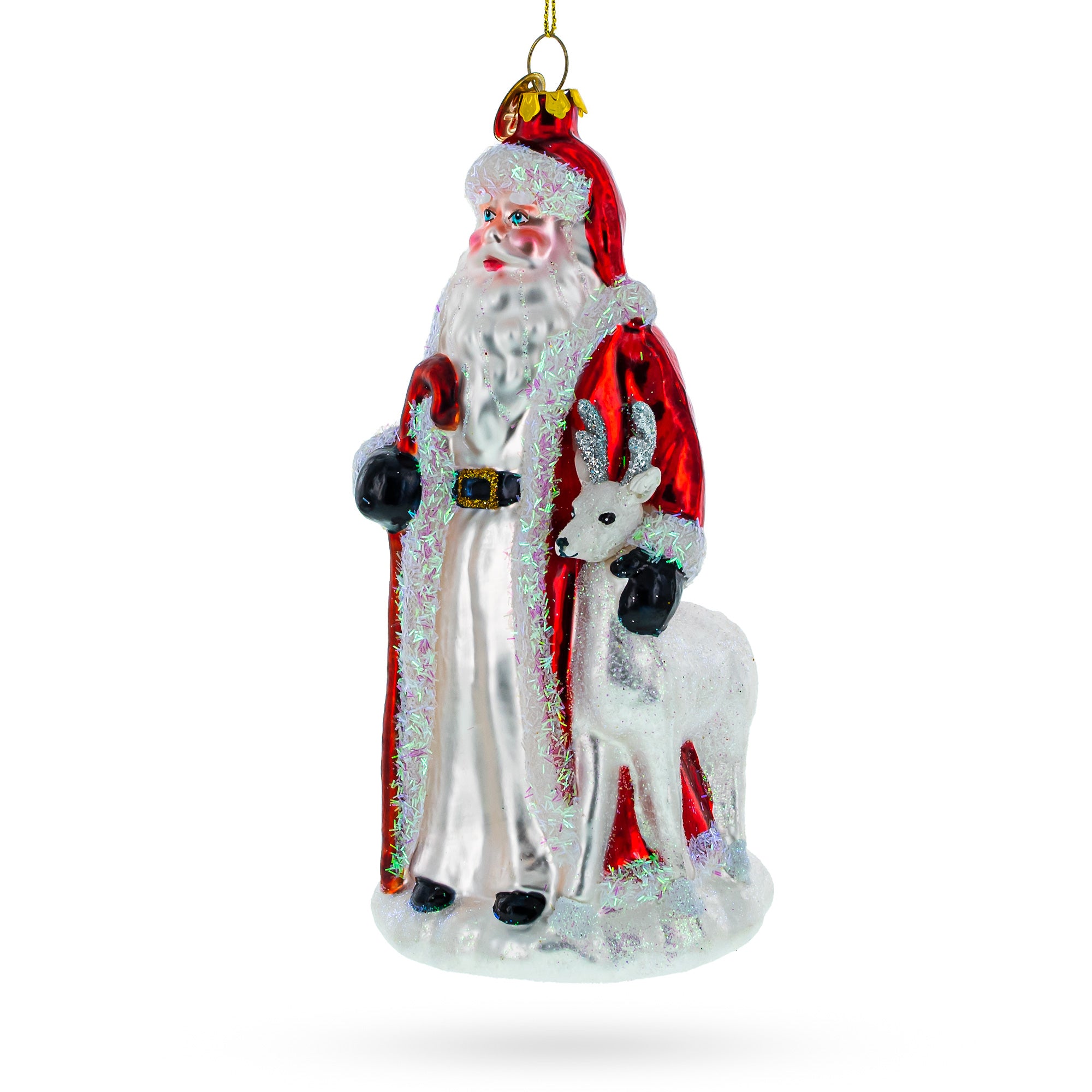 Santa with White Reindeer Glass Christmas Ornament in Multi color Figurine