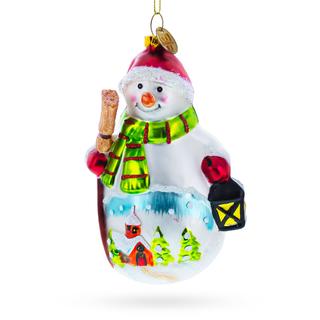Snowman Holding Broom and Lantern Glass Christmas Ornament in Multi color Figurine
