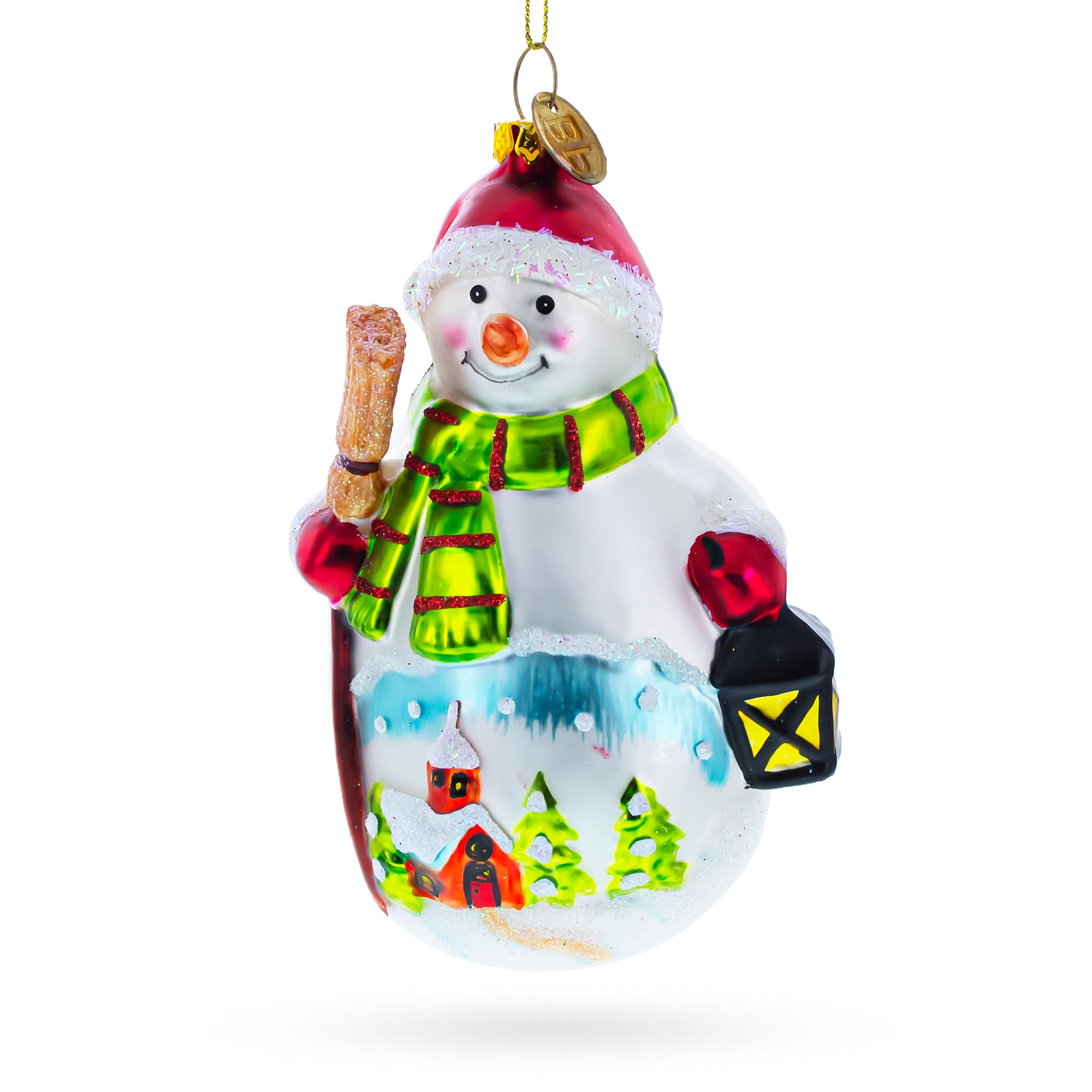 Snowman Holding Broom and Lantern Glass Christmas Ornament in Multi color Figurine