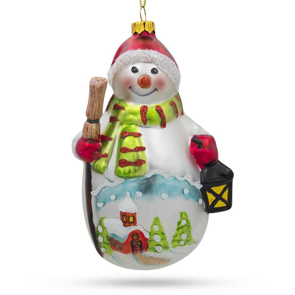 Glass Charming Snowman Holding Broom and Lantern - Festive Blown Glass Christmas Ornament in Multi color