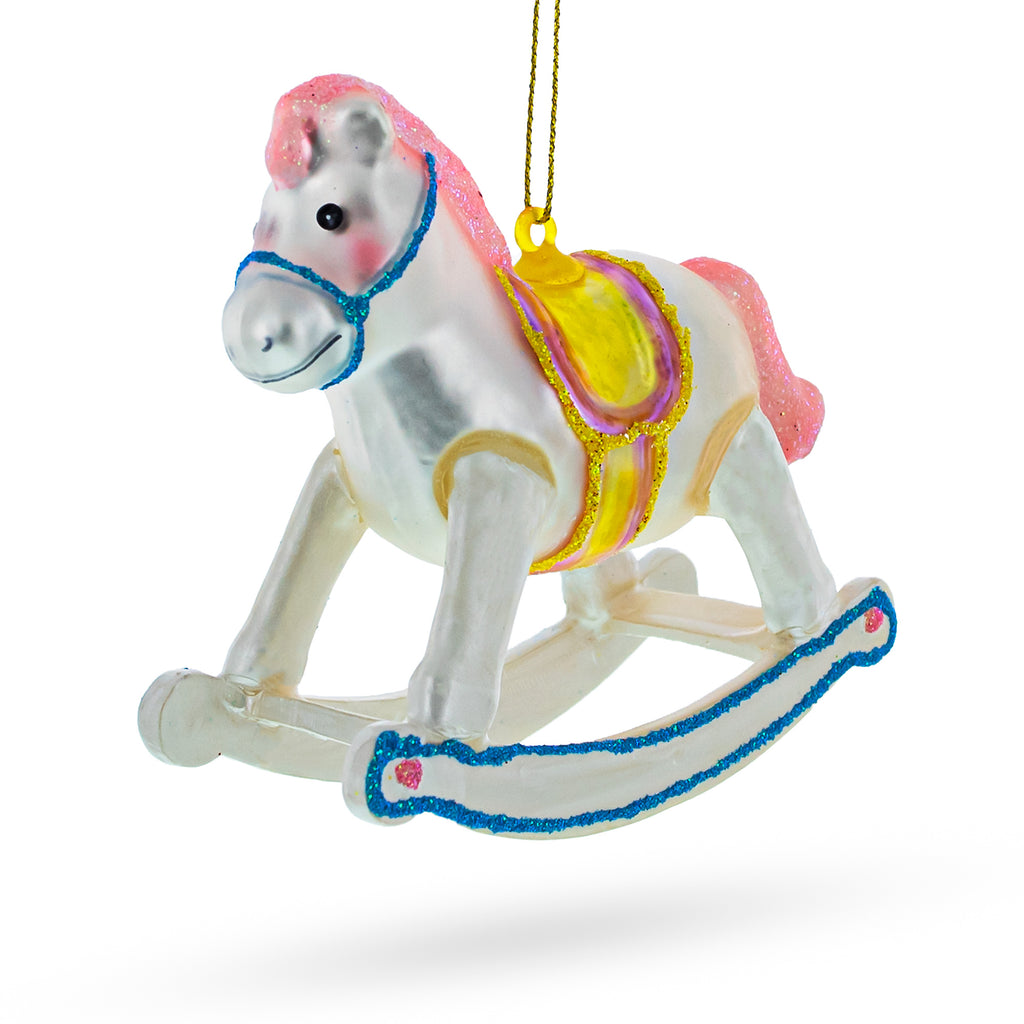 Vintage Pink and White Rocking Horse Glass Christmas Ornament in White color Figurine