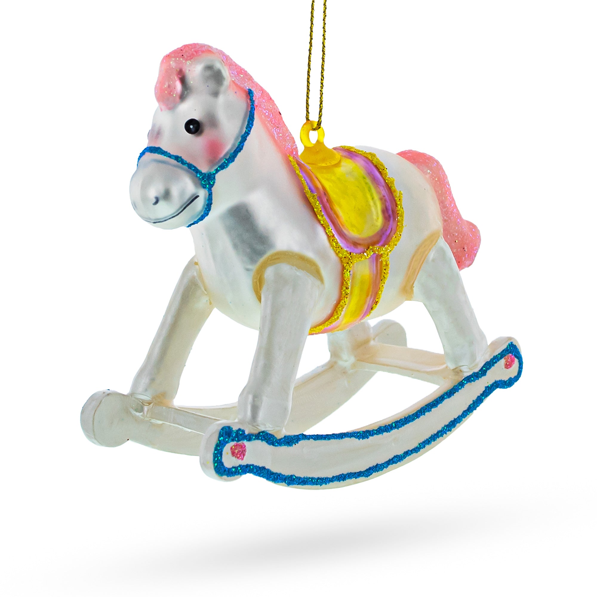 Vintage Pink and White Rocking Horse Glass Christmas Ornament in White color Figurine
