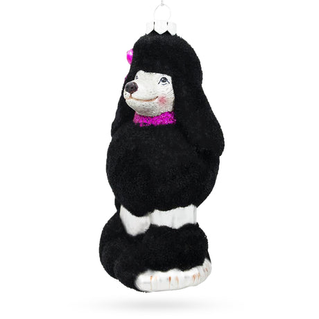 Black Poodle Dog with Faux Fur - Elegant Blown Glass Christmas Ornament in Black color,  shape