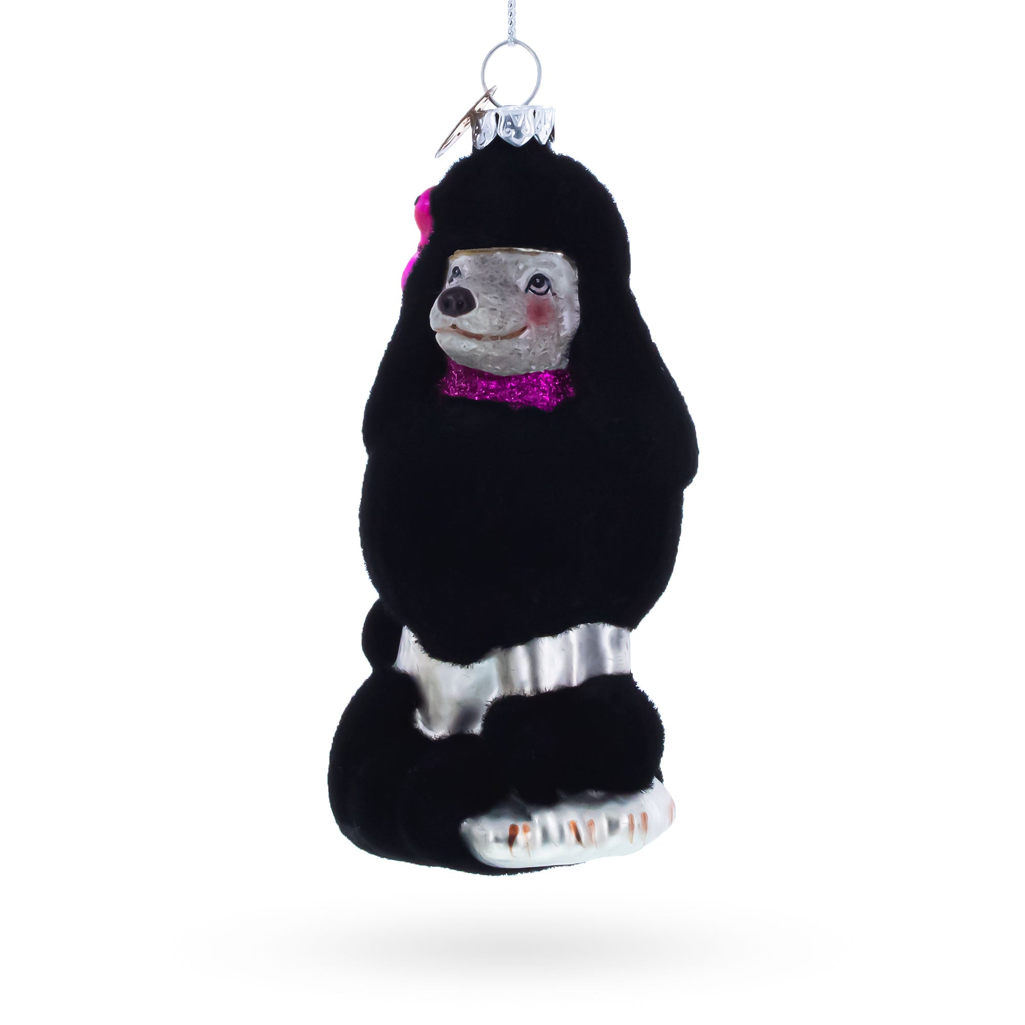 Black Poodle Dog with Faux Fur Glass Christmas Ornament in Black color Figurine