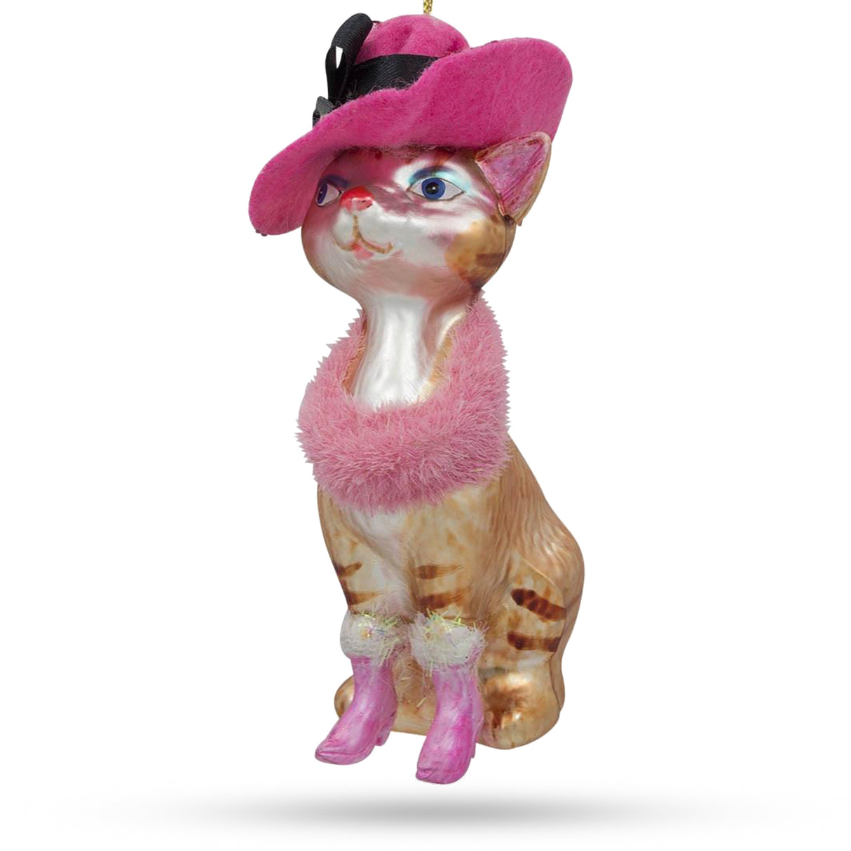 Elegant Lady Cat with Pink Hat - Masterful Blown Glass Christmas Ornament in Pink color,  shape
