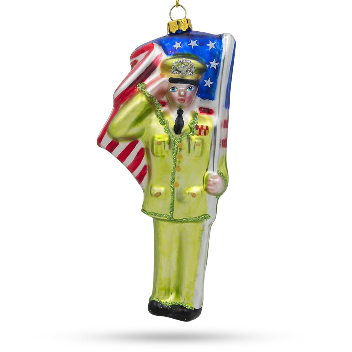 USA Army Soldier with Flag - Handcrafted Blown Glass Christmas Ornament in Multi color,  shape