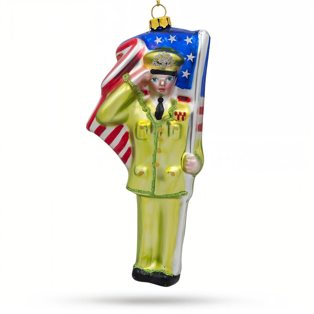 Patriotic Soldier with American Flag Glass Christmas Ornament in Green color Figurine