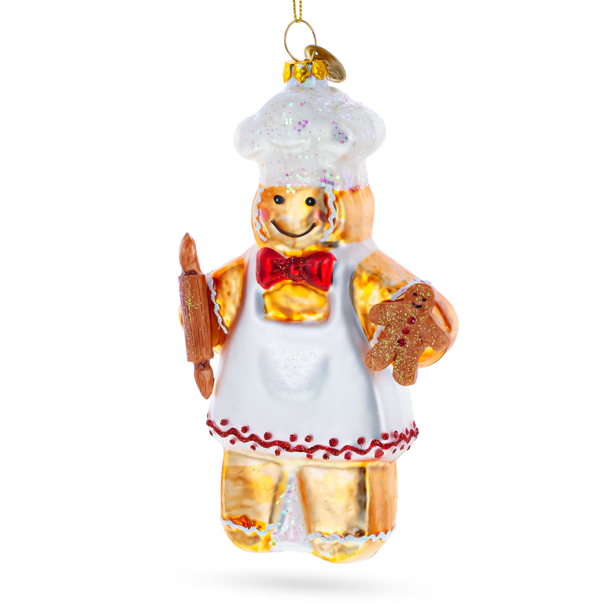 Baking Gingerbread Man - Handcrafted Blown Glass Christmas Ornament in Brown color,  shape