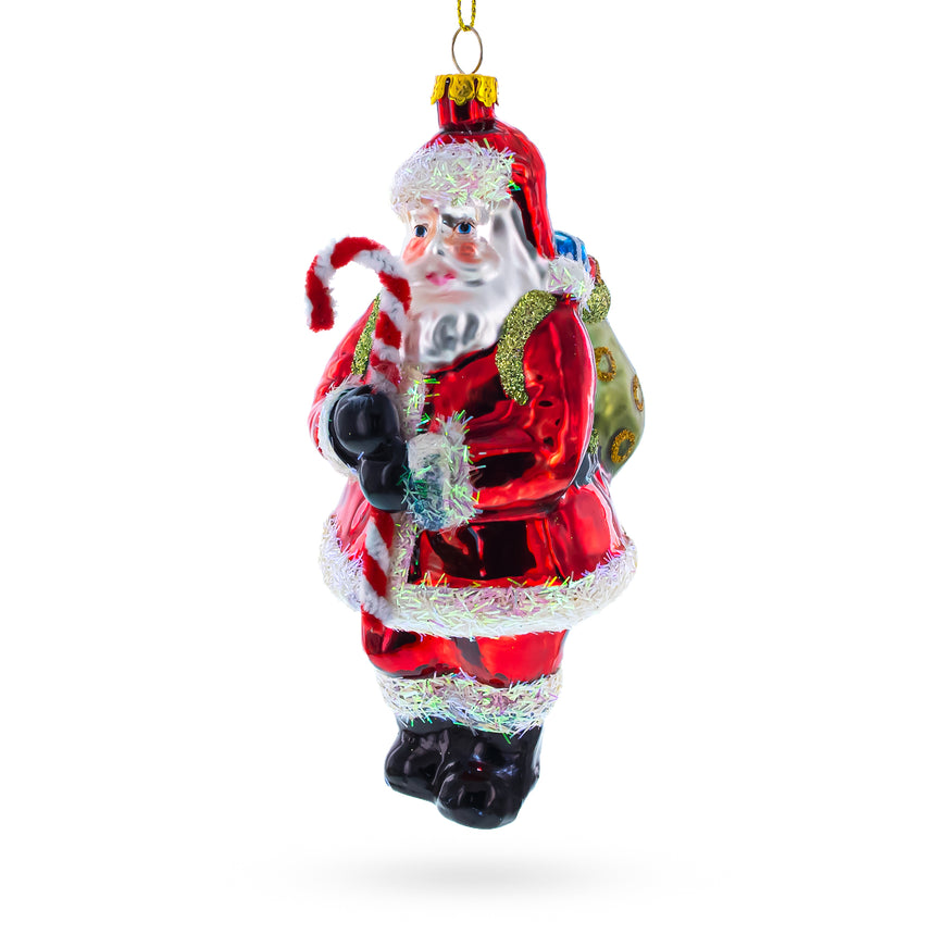 Santa Claus Holding Candy Cane and Gifts Blown Glass Christmas Ornament in Red color