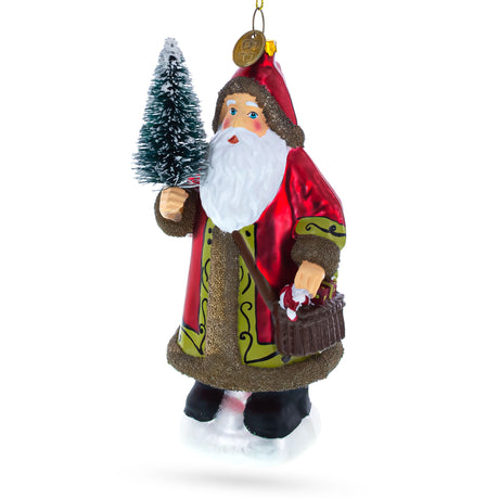 Santa with Fir Tree Blown Glass Christmas Ornament in Multi color