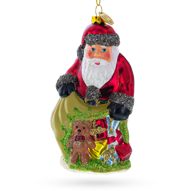 Santa with Gift-Filled Bag - Festive Blown Glass Christmas Ornament in Multi color,  shape