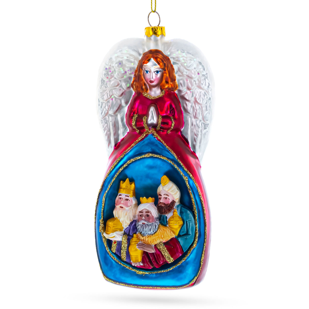 Nativity Scene Angel and Three Wiremen - Divine Blown Glass Christmas Ornament in Multi color,  shape
