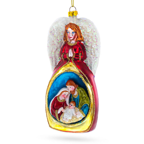 Heavenly Angel Above Nativity Scene - Divine Blown Glass Christmas Ornament in Multi color,  shape