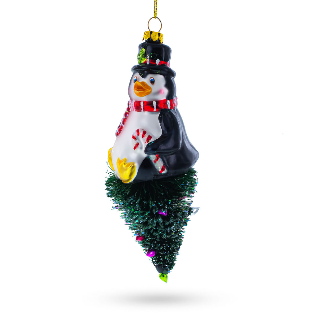 Penguin on Upside Down Tree Glass Christmas Ornament in Black color Figurine