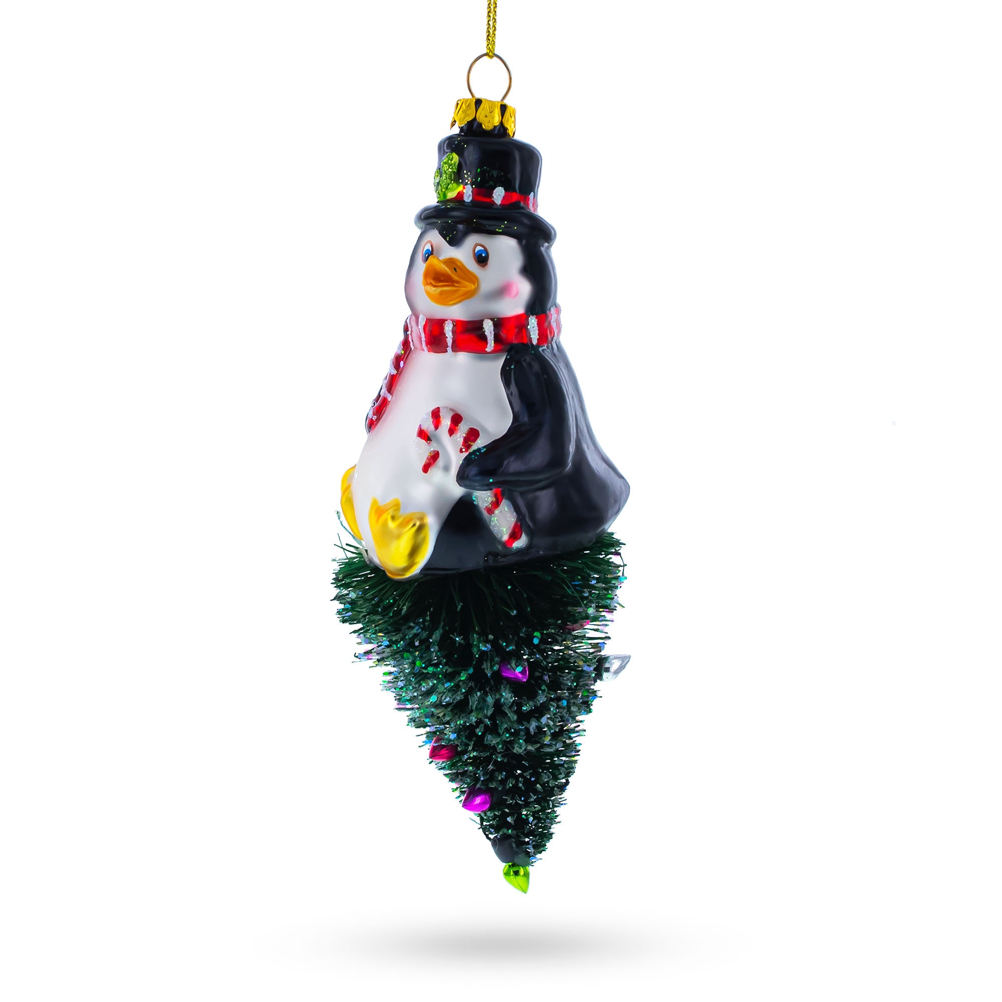 Penguin on Upside Down Tree Glass Christmas Ornament in Black color Figurine
