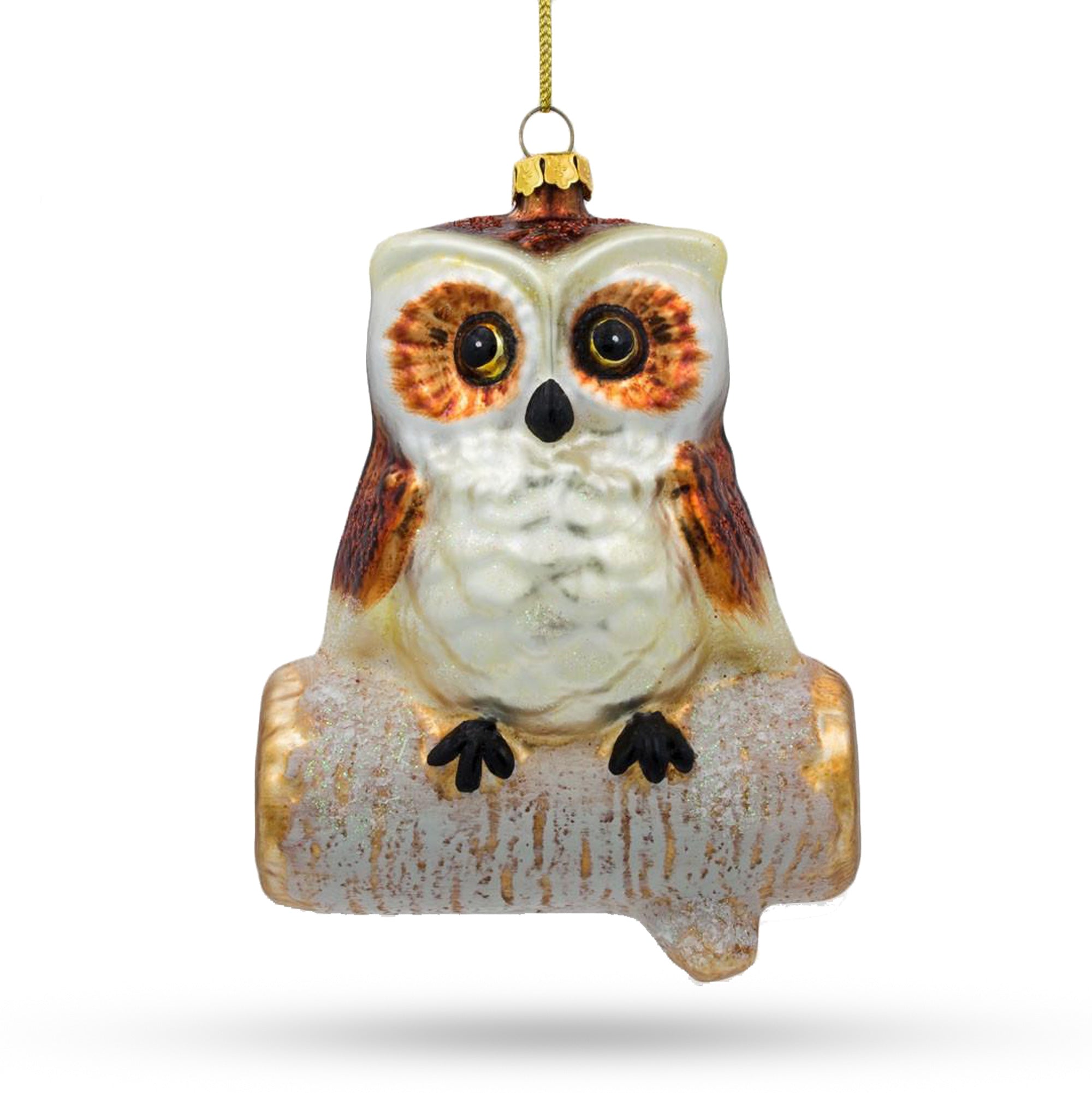 Wise Owl Sitting on a Branch Blown Glass Christmas Ornament in Multi color Figurine