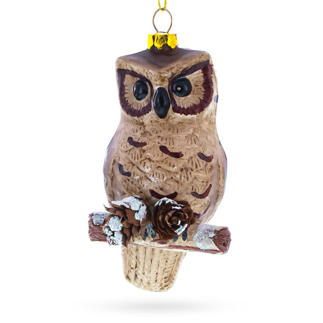 Wise Owl Perched on Branch - Handcrafted Blown Glass Christmas Ornament in Multi color,  shape