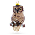 Wise Owl Perched on Branch Glass Christmas Ornament in Brown color Figurine