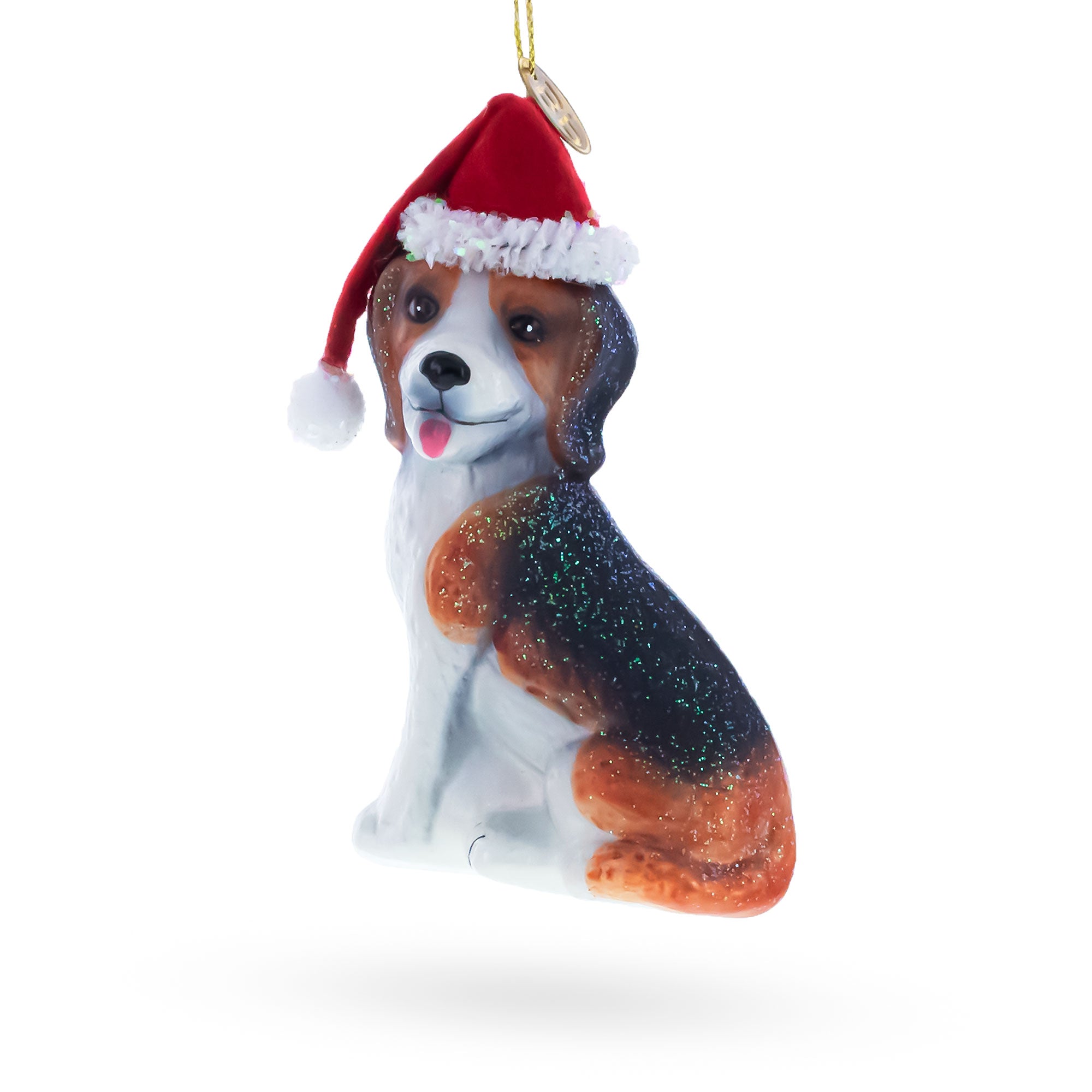 Beagle Dog with Santa Hat Glass Christmas Ornament in Brown color Figurine