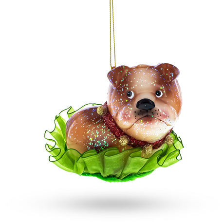 Glass Bulldog Puppy Handcrafted - Blown Glass Christmas Ornament in Brown color