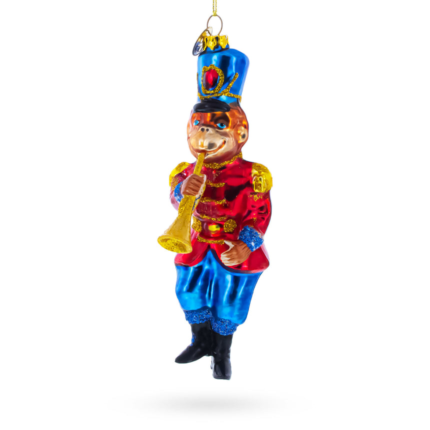 Monkey Nutcracker with Trumpet Glass Christmas Ornament in Red color