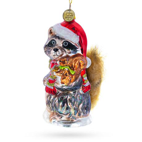 Raccoon Holding Squirrel Blown Glass Christmas Ornament in Gray color