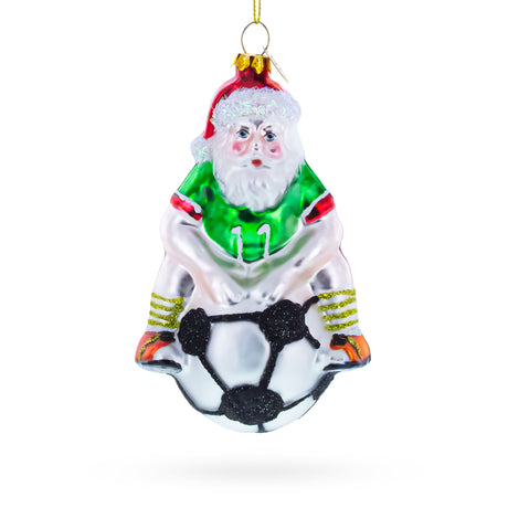 Santa Seated on Soccer Ball Blown Glass Christmas Ornament in Multi color