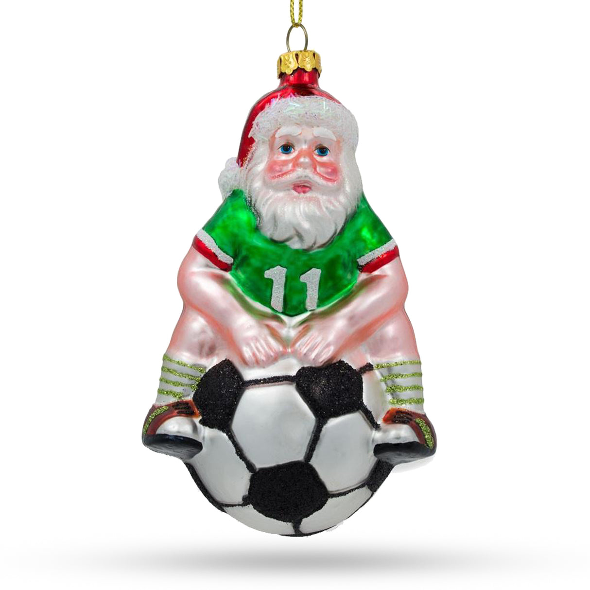 Glass Festive Santa Seated on Soccer Ball - Blown Glass Christmas Ornament in Multi color