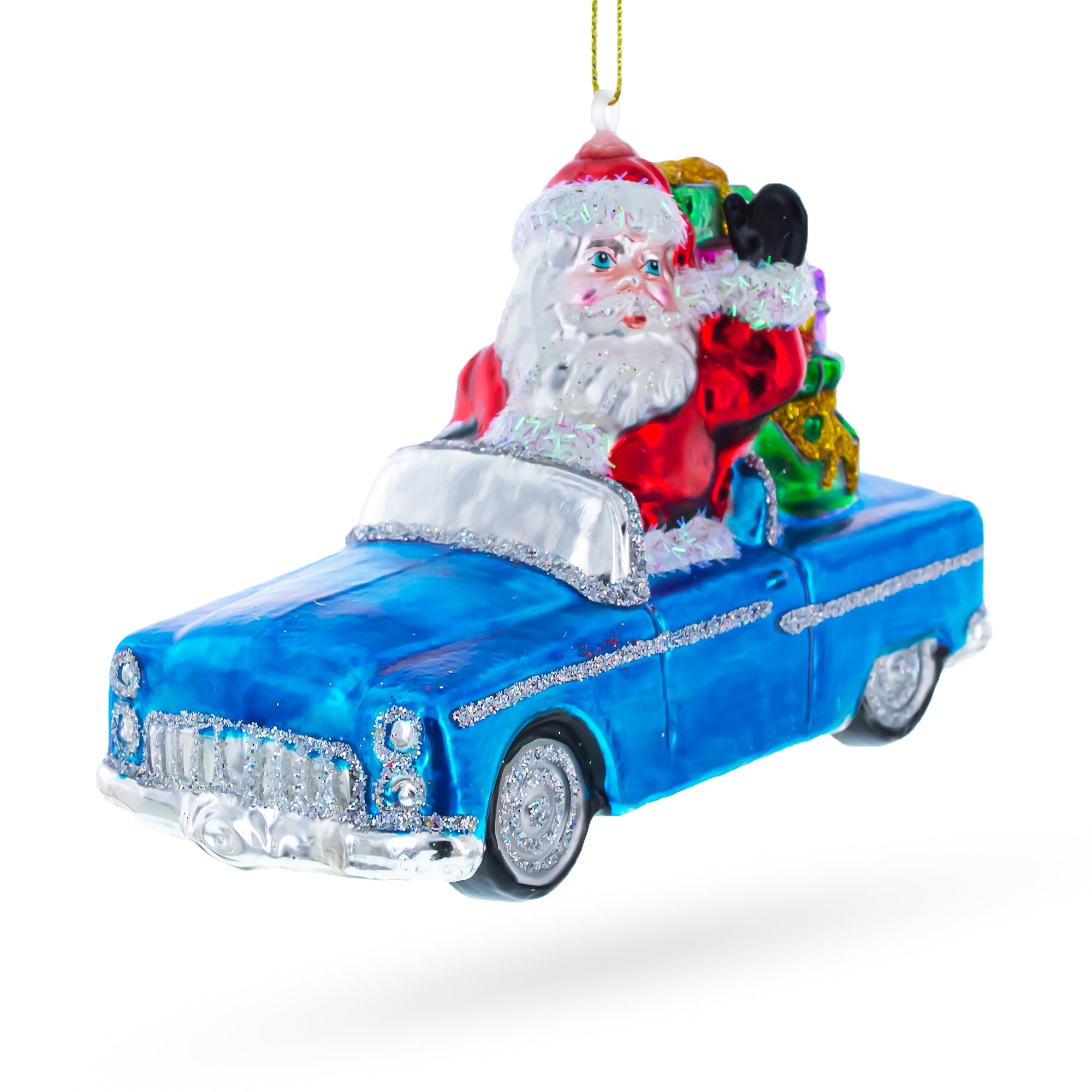 Santa Driving Convertible Car Glass Christmas Ornament in Blue color Figurine