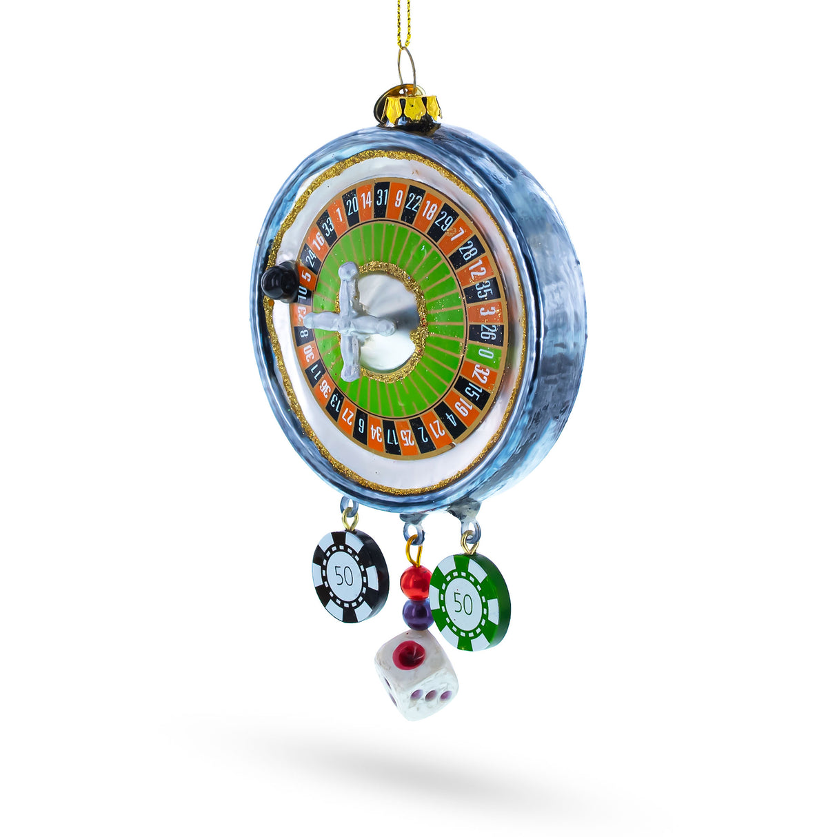 Festive Roulette and Casino Poker Chip - Blown Glass Christmas Ornament in Multi color,  shape