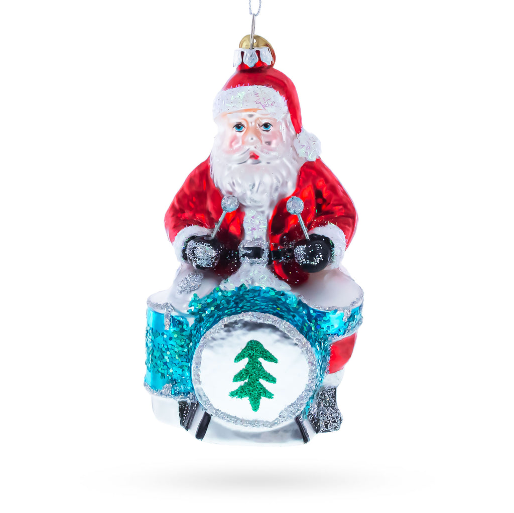 Santa Playing Drums Glass Christmas Ornament in Red color Figurine