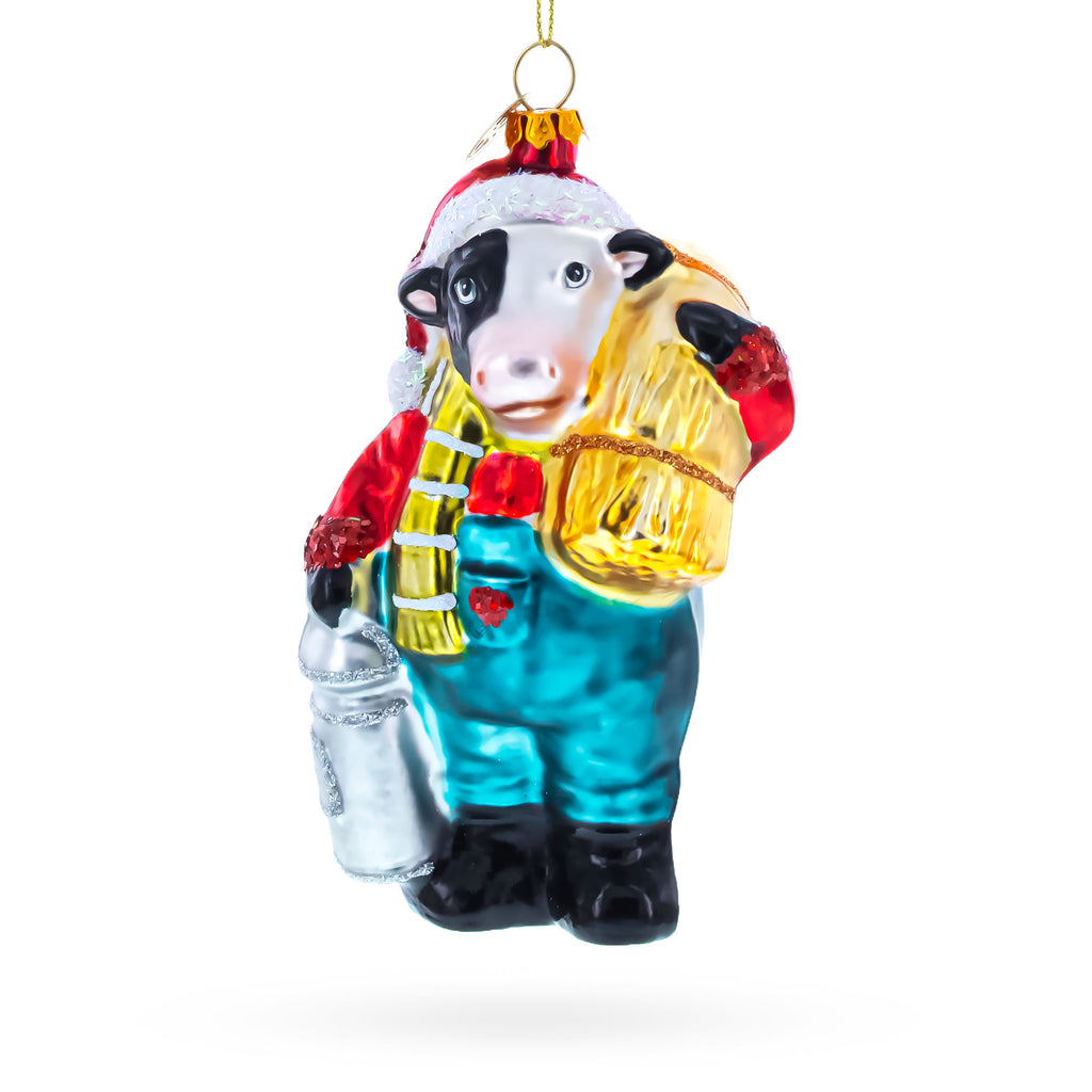 Cow Carrying Milk Jug Glass Christmas Ornament in Blue color Figurine