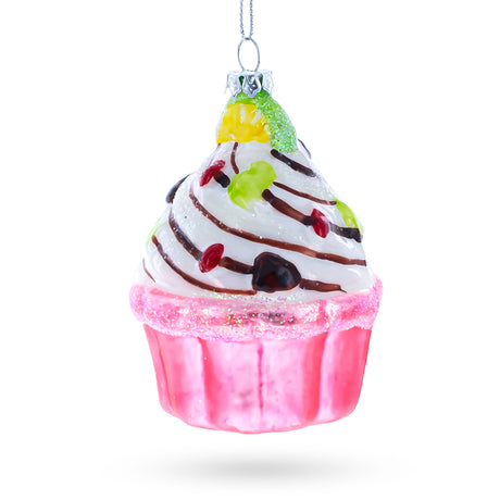 Cupcake/Muffin Blown Glass Christmas Ornament in Pink color