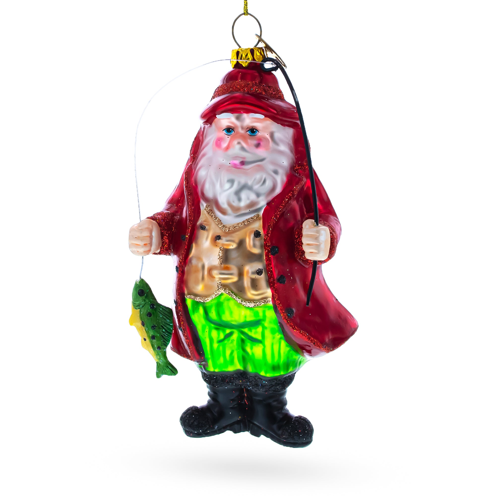 Angler Santa with Catch of the Day Glass Christmas Ornament in Red color Figurine