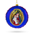 Sacred Mary Holding Jesus on Purple Disc - Blown Glass Christmas Ornament in Purple color, Round shape