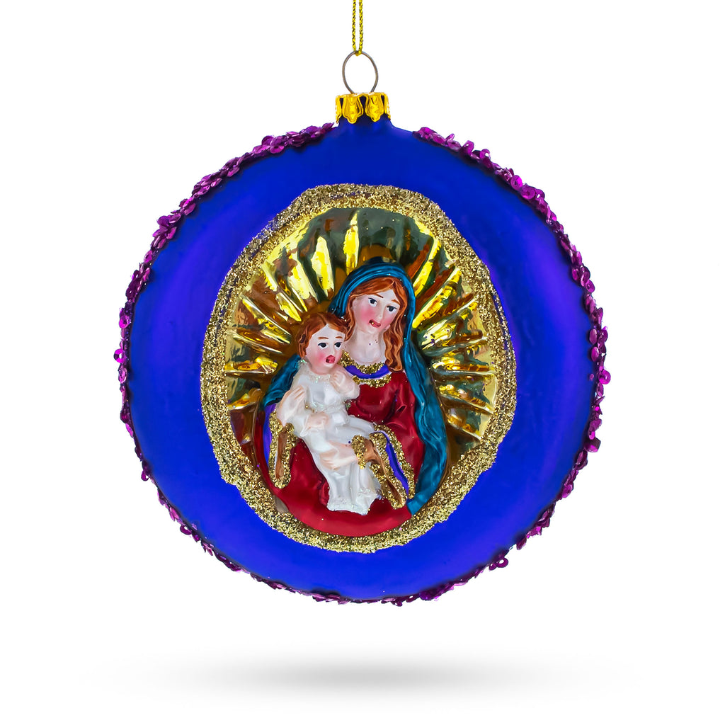 Holy Mother and Infant Jesus Glass Christmas Ornament in Purple color Figurine