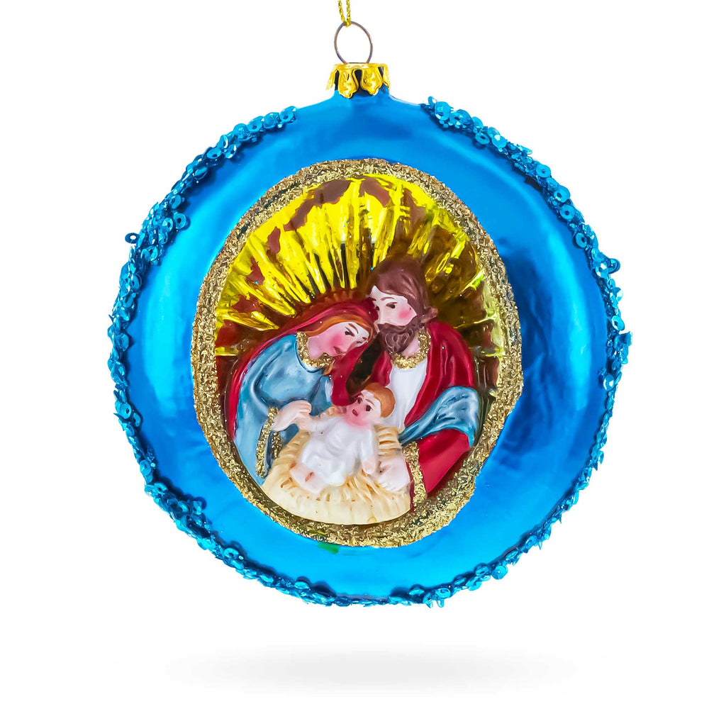 Serene Holy Family on Purple Disc Glass Christmas Ornament in Blue color Figurine