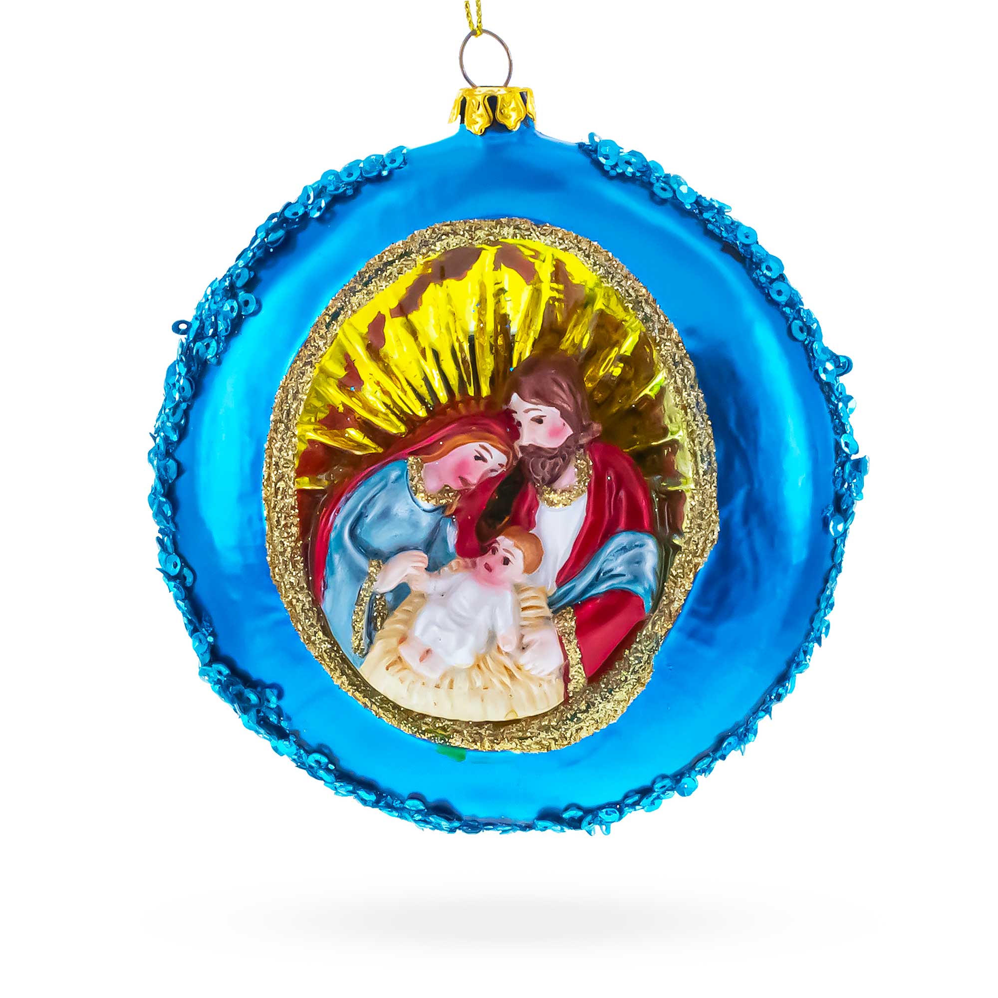 Serene Holy Family on Purple Disc Glass Christmas Ornament in Blue color Figurine