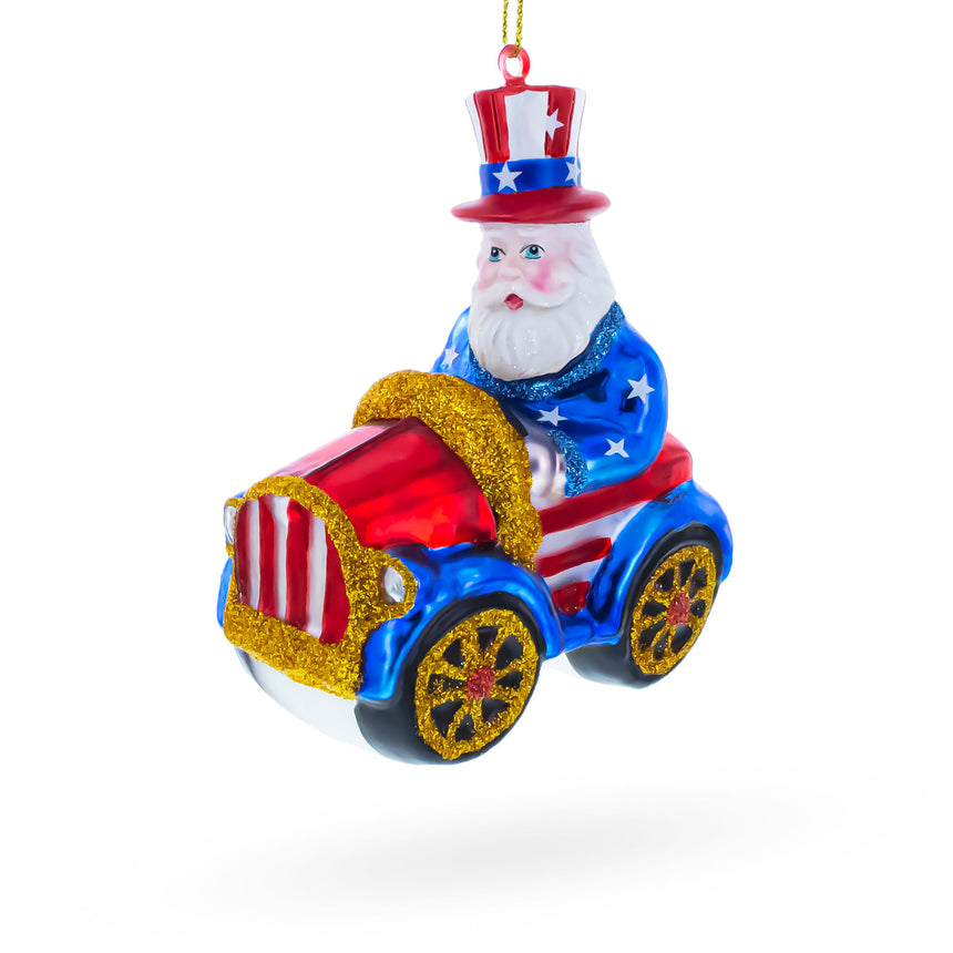 Uncle Sam Santa Driving a Car Blown Glass Christmas Ornament in Multi color