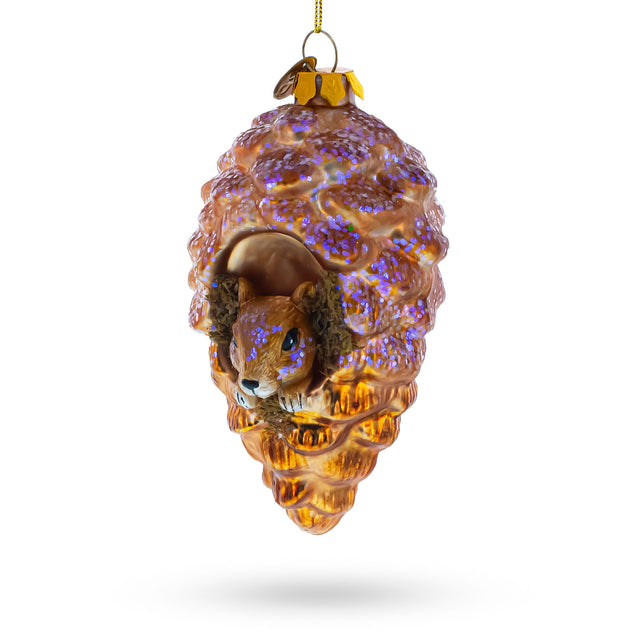 Adorable Squirrel Nestled in Pine Cone - Blown Glass Christmas Ornament in Brown color,  shape