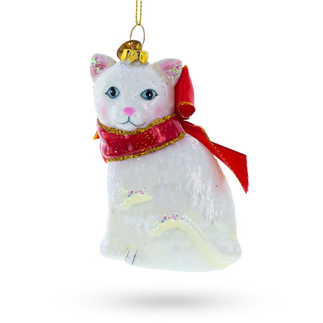 Elegant White Persian Cat - Blown Glass Christmas Ornament in White color,  shape