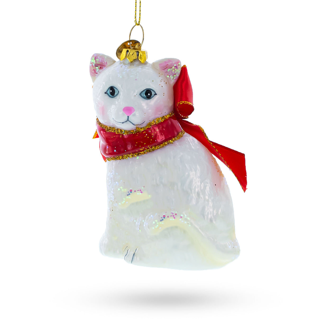 Glass Elegant White Persian Cat - Blown Glass Christmas Ornament in White color