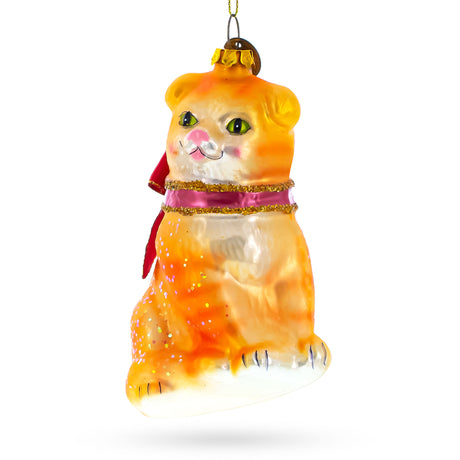 Exquisite Striped Siberian Cat - Blown Glass Christmas Ornament in Orange color,  shape