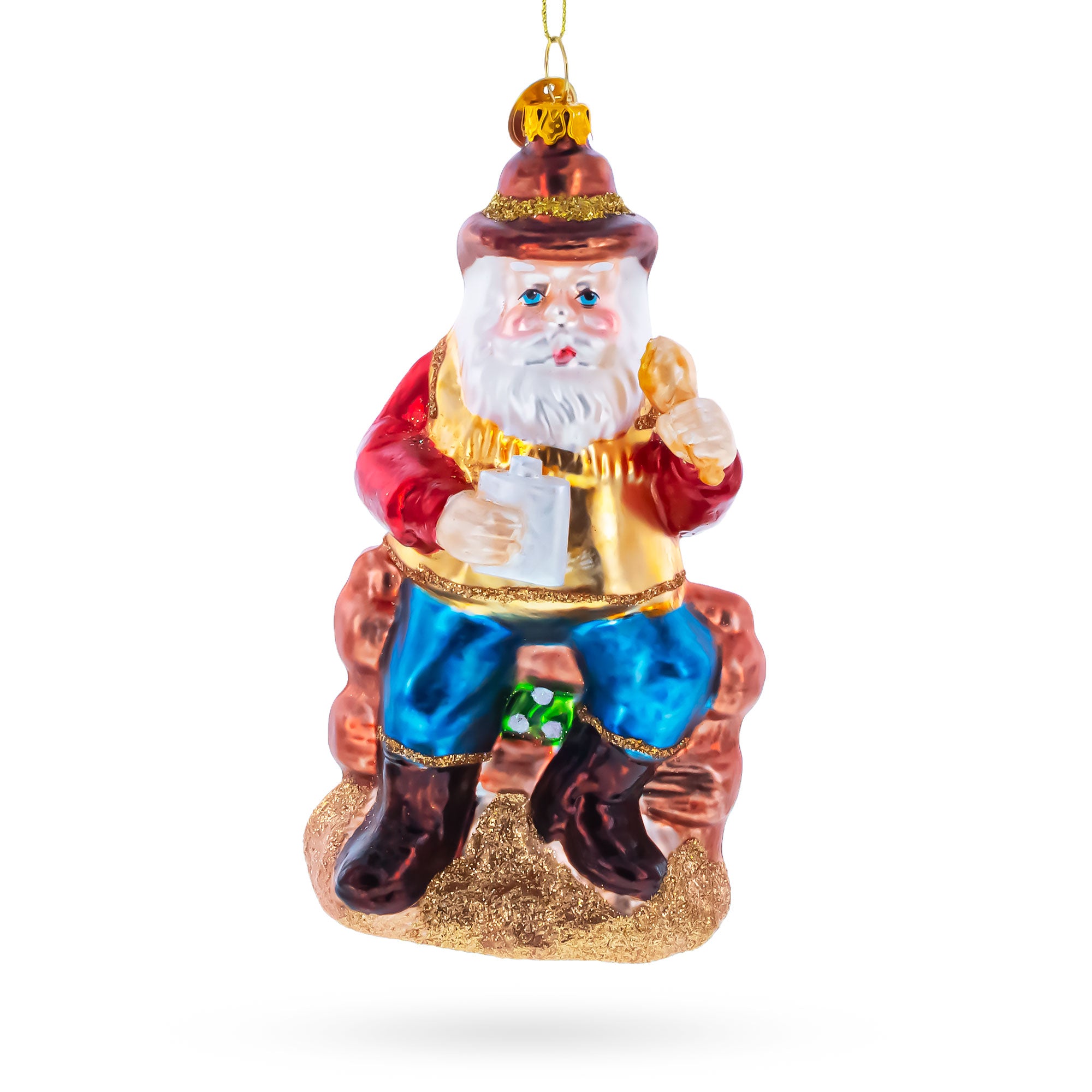 Cowboy Santa with Drink and Drumstick Glass Christmas Ornament in Brown color Figurine