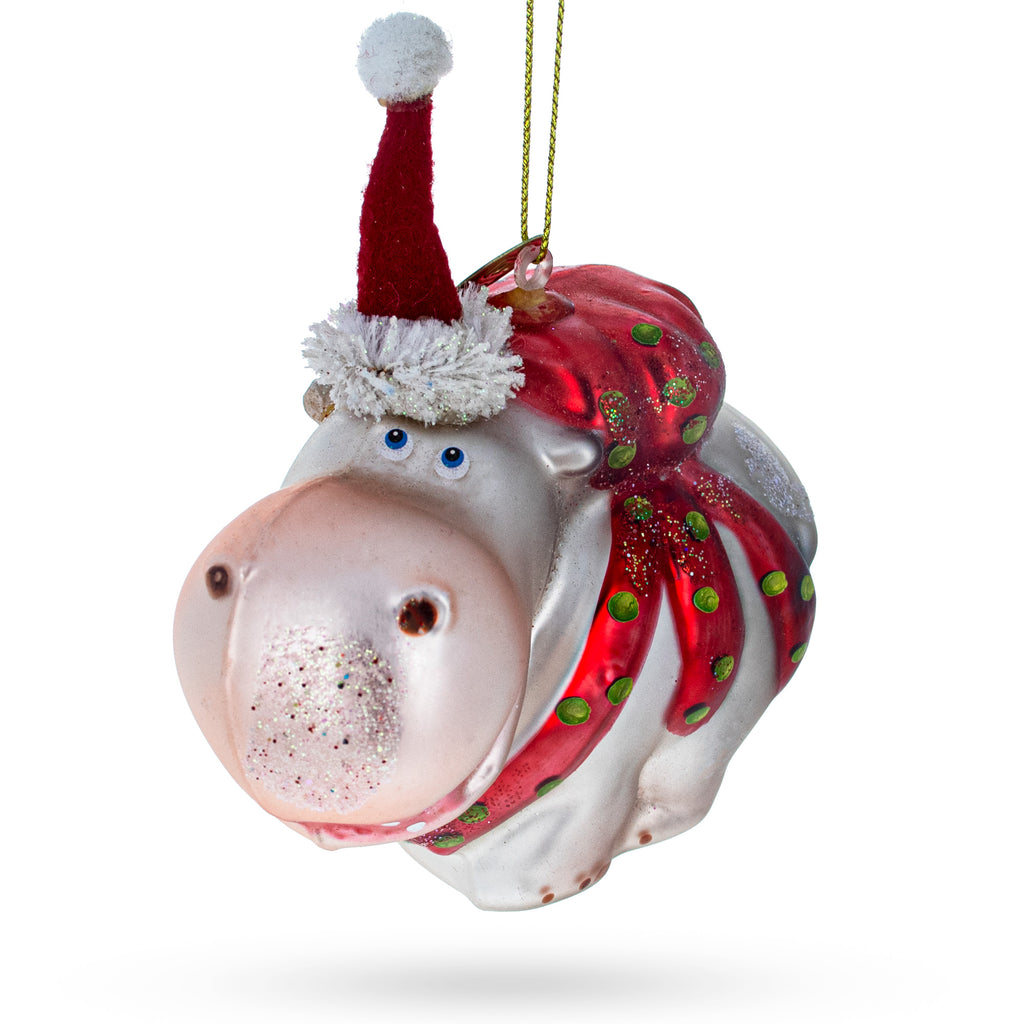 Hippo in Santa Hat Glass Christmas Ornament in Pink color Figurine