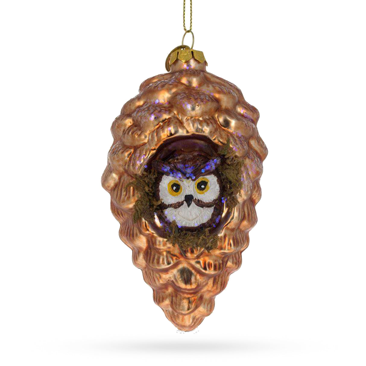 Sage Wise Owl Nestled in Pine Cone - Blown Glass Christmas Ornament in Multi color,  shape