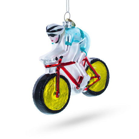 Dynamic Cycling Sportsman on Bicycle - Blown Glass Christmas Ornament in Multi color,  shape